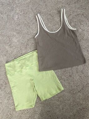 (2) aerie Taupe Ribbed Tank with Light Green Bike Shorts